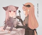  2girls :d animal_ear_fluff animal_ears arknights bed black_bow black_gloves blush bow bowl breasts brown_hair closed_eyes elbow_gloves feeding frostleaf_(arknights) gloves grey_background grey_shirt hair_bow highres holding holding_bowl holding_spoon horns long_hair long_sleeves medium_breasts meteorite_(arknights) multiple_girls open_mouth pillow pointy_ears profile puffy_short_sleeves puffy_sleeves shirt short_sleeves simple_background sleeves_past_wrists small_breasts smile spoon suzubotan sweat translation_request turtleneck under_covers very_long_hair 