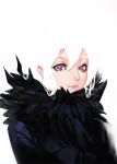  1girl black_feathers closed_mouth feather_trim feathers hair_between_eyes karasu-san_(syh3iua83) original simple_background smile solo white_background white_hair 