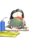  1girl ass back bad_drawr_id bad_id bare_arms bike_shorts bottle character_request closed_eyes copyright_request francine_(daijaemon) green_hair medium_hair oekaki shirt shoes shorts simple_background sneakers solo sweat top-down_bottom-up towel twintails water_bottle white_background 
