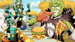  absurdres beowulf_(skullgirls) bomb boned_meat burger cosplay explosive food highres holding holding_food holding_pizza holding_spatula meat pechamaju pizza robo-fortune shrek shrek_(cosplay) spatula 