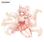  1girl :3 alternate_hair_color animal_ear_fluff animal_ears ankle_bell arm_support arm_up breasts cleavage cleavage_cutout closers clothing_cutout copyright_name dress fingernails fox_ears fox_girl fox_tail full_body hand_on_own_head hand_up highres kitsune kyuubi layered_dress logo long_fingernails long_hair long_sleeves looking_at_viewer low_twintails luna_aegis_(closers) medium_breasts multiple_tails official_art pink_dress pink_eyes pink_hair see-through see-through_sleeves sitting smile solo tachi-e tail twintails two-tone_dress v-shaped_eyebrows very_long_hair white_background white_footwear yellow_dress yellow_sleeves yellow_tail yokozuwari 