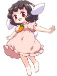  1girl animal_ears barefoot bebeneko black_hair blush carrot_necklace commentary_request dress floppy_ears frilled_sleeves frills full_body highres inaba_tewi jewelry looking_at_viewer medium_bangs necklace open_mouth pink_dress puffy_short_sleeves puffy_sleeves rabbit_ears rabbit_girl rabbit_tail red_eyes short_hair short_sleeves simple_background smile solo tail touhou white_background 