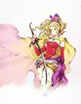 1girl artist_name beads blonde_hair breasts cape detached_sleeves earrings final_fantasy final_fantasy_vi floating_hair gradient_cape gradient_sleeves green_eyes hair_beads hair_intakes hair_ornament highres holding holding_sword holding_weapon jewelry kubaushi long_hair long_sleeves pantyhose pink_cape pink_sleeves ponytail print_pantyhose red_sleeves roman_numeral simple_background small_breasts solo sword terra_branford two-tone_cape two-tone_sleeves wavy_hair weapon white_background white_pantyhose yellow_cape 