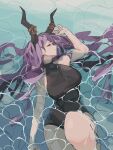  acctops arknights black_horns black_shirt breasts highres horn_hairband horns in_water large_breasts off_shoulder purple_hair shirt single_thighhigh thighhighs typhon_(arknights) 