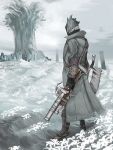  1boy black_gloves bloodborne coat dual_wielding flower fog gloves grey_coat grey_headwear gun hat highres holding holding_gun holding_weapon male_focus nikukaiq outdoors solo standing tombstone tree weapon white_flower white_hair 