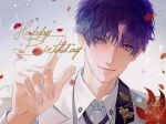  1boy black_necktie chongyi2111 closed_mouth collared_jacket collared_shirt cream cream_on_face cream_on_hands eyelashes falling_petals fingernails flower food food_on_face hand_up happy_birthday head_tilt highres jacket light_blush light_smile looking_at_viewer love_and_deepspace male_focus multicolored_eyes necktie parted_bangs petals portrait purple_eyes purple_hair rafayel_(love_and_deepspace) red_flower shirt short_hair simple_background solo suit white_jacket white_shirt white_suit 