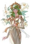  1girl bare_shoulders breasts closed_mouth cowboy_shot crown dress drill_hair fire_emblem fire_emblem:_three_houses flayn_(fire_emblem) flower green_eyes green_hair highres holding holding_wand juliet_sleeves light_blush lily_(flower) long_hair long_sleeves looking_at_viewer medium_breasts negi_(fufufuyu) off-shoulder_dress off_shoulder puffy_sleeves solo twitter_username wand white_background white_dress white_flower 