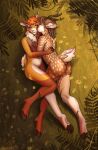 anthro butt deer digital_media_(artwork) duo female forest hi_res hooves horn hug kissing_cheek licking looking_at_another male male/female mammal meosh nature nature_background plant scut_tail short_tail smile tail tongue tree
