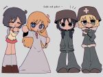  +_+ 4girls :&lt; ahoge black_eyes black_hair blonde_hair blue_eyes blush brown_footwear brown_gloves chito_(shoujo_shuumatsu_ryokou) coat crossover enpera full_body fur-trimmed_coat fur_trim gloves green_coat green_pants grey_background grey_sailor_collar grey_socks hair_over_shoulder half-closed_eyes hand_in_pocket hand_up hands_in_pockets helmet hood hood_down hooded_coat kneehighs lab_coat lineup long_coat long_legs long_sleeves looking_at_viewer low_twintails military_uniform miniskirt multiple_girls necktie nichijou notice_lines outstretched_arms own_hands_together pants pleated_skirt professor_shinonome red_necktie red_skirt romaji_text sailor_collar shiba_inu_(j1piwzrj8xdzywk) shinonome_nano shirt short_hair shoujo_shuumatsu_ryokou simple_background skirt socks spread_arms standing trait_connection twintails uniform winding_key yellow_shirt yuuri_(shoujo_shuumatsu_ryokou) 