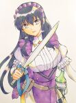  1girl ayra_(fire_emblem) ayra_(tea_party)_(fire_emblem) black_hair chika_1 commentary_request fire_emblem fire_emblem:_genealogy_of_the_holy_war fire_emblem_heroes frilled_sleeves frills hair_between_eyes holding holding_sword holding_weapon long_hair official_alternate_costume puffy_short_sleeves puffy_sleeves purple_eyes short_sleeves simple_background solo standing sword weapon white_background 