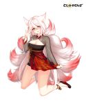  1girl :p alternate_hair_color animal_ear_fluff animal_ears ankle_bell black_dress black_footwear blush breasts cleavage cleavage_cutout closers clothing_cutout copyright_name dress dress_tug fingernails fox_ears fox_girl fox_tail full_body furrowed_brow green_eyes half-closed_eyes hand_up high_heels highres kitsune kneeling kyuubi large_breasts layered_dress logo long_fingernails long_hair long_sleeves looking_at_viewer low_twintails multiple_tails official_art pink_tail red_dress salute see-through see-through_sleeves solo soma_(closers) tachi-e tail tongue tongue_out twintails two-finger_salute two-tone_dress wedge_heels white_background white_hair 