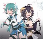  2girls ahoge an_sin anal_beads arms_behind_back bdsm black_hair blush bondage bound bow breasts corset drooling fangs femdom forward_facing_horns gloves green_hair hair_bow heart heart_ahoge highres hiiragi_utena korean_commentary long_hair magia_azure magia_baiser magical_girl mahou_shoujo_ni_akogarete medium_breasts medium_hair midriff minakami_sayo molestation multiple_girls navel open_mouth pasties red_eyes sex_toy sex_toy_pull simple_background smile star-shaped_pupils star_(symbol) star_pasties sweat symbol-shaped_pupils teeth tentacle_sex tentacles torn_clothes upper_teeth_only vaginal white_background yellow_eyes yuri 