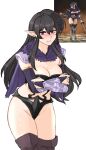  1girl absurdres alternate_costume angry armor ayra_(fire_emblem) black_eyes black_hair blush boots breasts bridal_gauntlets cape cleavage clenched_teeth cosplay covering_breasts covering_privates earrings elbow_gloves elf fire_emblem fire_emblem:_genealogy_of_the_holy_war fur_collar gloves highres jewelry large_breasts long_hair looking_at_viewer pauldrons pointy_ears revealing_clothes shoulder_armor teeth thighs tridisart 