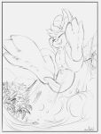 ambiguous_gender anthro chest_tuft feet foot_focus hair long_ears low-angle_view monochrome nude open_mouth open_smile oselotti outside palm_tree plant short_hair signature sketch smile solo tail tree tuft waterfall