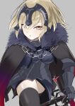  1girl absurdres armor armored_dress black_dress black_thighhighs blonde_hair breasts chain collar dress fate/grand_order fate_(series) faulds gauntlets headpiece highres jeanne_d&#039;arc_alter_(avenger)_(fate) jeanne_d&#039;arc_alter_(fate) large_breasts looking_at_viewer metal_collar nigori_(keydoor) plackart short_hair solo sword thighhighs thighs weapon yellow_eyes 