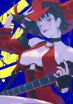  1girl ashina_kasa bare_shoulders black_hair breasts choker cleavage dress electric_guitar fingerless_gloves gloves guilty_gear guitar hat highres holding holding_guitar holding_instrument i-no instrument large_breasts looking_at_viewer mole mole_above_mouth red_dress red_hat red_leather red_lips short_hair solo upper_body witch_hat 