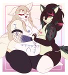 2024 absurd_res anthro armwear belly black_body black_fur black_hair blue_body blue_fur blue_nipples bottomwear canid canid_demon canine canis clothing cosecant_(demongirl_demoness) demon demongirl_demoness digital_drawing_(artwork) digital_media_(artwork) duo ellipsis fan_character fishnet_armwear fishnet_clothing fox fur girly hair hand_holding hellhound helluva_boss hi_res inner_ear_fluff legwear long_hair male mammal math moobs multicolored_body multicolored_fur mythological_canine mythological_creature mythology nipples overweight overweight_male pants pink_nipples red_sclera secant_(demongirl_demoness) tan_body tan_fur tan_hair thigh_highs tongue tongue_out tuft white_body white_clothing white_eyes white_fur white_legwear white_thigh_highs wolf