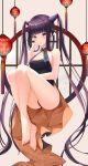  1girl :o absurdres bangs bare_arms bare_legs bare_shoulders barefoot black_dress black_panties blue_eyes blunt_bangs blush breasts cleavage cleavage_cutout dress eyebrows_visible_through_hair fakegeo fate/grand_order fate_(series) full_body hair_ornament hair_rings hand_on_own_face highres huge_filesize lantern large_breasts leaf_hair_ornament legs long_hair looking_at_viewer open_mouth panties pantyshot pantyshot_(sitting) paper_lantern purple_hair short_dress sitting sleeveless sleeveless_dress solo twintails underwear very_long_hair yang_guifei_(fate/grand_order) 