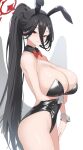  1girl absurdres animal_ears ass black_hair blue_archive blush bow breasts cleavage closed_mouth cowboy_shot detached_collar fake_animal_ears guntree halo hasumi_(blue_archive) highres huge_breasts long_hair looking_at_viewer mole mole_under_eye playboy_bunny ponytail rabbit_ears red_bow red_eyes red_halo solo very_long_hair wrist_cuffs 