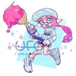  1girl artist_name baseball_cap commentary_request commission eyebrow_cut fangs full_body green_eyes hat high_tops highres holding holding_weapon inkbrush_(splatoon) inkling inkling_girl inkling_player_character korean_commentary long_hair looking_at_viewer open_mouth pink_hair pointy_ears print_sweater shoes smile sneakers solo sparkle splatoon_(series) splatoon_3 sweater tentacle_hair thick_eyebrows ufo_sw watermark weapon white_footwear white_sweater 