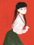  1girl bad_drawr_id bad_id bad_source black_hair black_skirt character_request closed_mouth copyright_request from_side green_skirt grey_eyes long_hair long_sleeves looking_at_viewer oekaki red_background ruq237 shirt simple_background skirt solo twintails white_shirt 