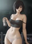  1girl beer_can black_camisole black_hair bootybear breasts camisole can chainsaw_man cigarette drink_can eyepatch green_eyes highres himeno_(chainsaw_man) large_breasts lips looking_at_viewer mouth_hold navel panties short_hair signature solo strap_slip underwear white_panties 