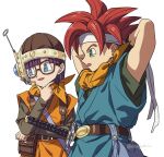  1boy 1girl antennae arms_behind_head belt blue_eyes blue_tunic blunt_bangs blunt_ends brown_belt chrono_trigger crono_(chrono_trigger) glasses grey_shirt headband headset helmet hosodayo katana long_sleeves looking_to_the_side lucca_ashtear neckerchief open_mouth orange_neckerchief orange_tunic purple_hair red_hair shirt short_hair short_sleeves smile spiked_hair sword talking twitter_username upper_body weapon white_background white_headband 