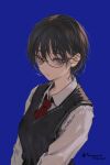  1girl :| arms_at_sides black_hair black_sweater_vest blue_background closed_mouth collared_shirt expressionless glasses grey_eyes hair_between_eyes highres inaeda_kei long_sleeves necktie original red_necktie school_uniform shirt short_hair sidelocks simple_background solo sweater_vest twitter_username upper_body v-neck white_shirt 