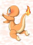  2017 3_fingers aliasing ambiguous_gender blue_eyes blush charmander claws doneru fingers fire flaming_tail happy looking_back nintendo open_mouth open_smile orange_body pok&eacute;mon pok&eacute;mon_(species) smile solo toe_claws video_games 