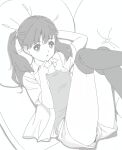  1girl bad_drawr_id bad_id character_request copyright_request finger_to_own_chin francine_(daijaemon) greyscale jacket long_hair lying monochrome oekaki on_back open_clothes open_shirt parted_lips pillow shirt short_sleeves shorts solo thighhighs thighs twintails 