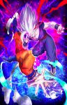  2boys absurdres blue_background blue_footwear blue_shirt boots commentary_request dougi dragon_ball dragon_ball_super dragon_ball_super_super_hero electricity father_and_son finger_on_forehead full_body gohan_beast highres long_hair makankousappou male_focus medium_hair multiple_boys muscular muscular_male orange_pants pants powering_up purple_background purple_eyes purple_pants purple_shirt shirt son_gohan son_goku spiked_hair topless torn_clothes torn_shirt ultra_instinct upside-down white_eyes white_hair yuuri_(fukuroudou) 