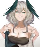  1girl aqua_eyes arknights black_dress breasts cleavage dress eroborne feathered_wings grey_hair hair_between_eyes head_wings highres ho&#039;olheyak_(arknights) ho&#039;olheyak_(carriage_of_the_winds_of_time)_(arknights) looking_at_viewer medium_hair official_alternate_costume sidelocks simple_background smile solo white_background wings 