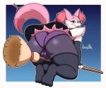 anthro armwear balls_outline big_butt blush bottomwear braided_hair braixen broom broom_riding bulge butt canid canine cleaning_tool clothed clothing crossdressing detailed_bulge feet fur generation_6_pokemon genital_outline girly hair inner_ear_fluff jhenightfox legwear male mammal nintendo panties pink_body pink_fur pokemon pokemon_(species) rex_the_braixen_maid simple_background skirt solo tail thick_thighs tuft underwear