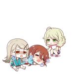  3girls =_= @_@ ahoge berude blonde_hair blush brown_hair chibi chibi_only exhausted gakuen_idolmaster headpat heavy_breathing highres idolmaster idolmaster_cinderella_girls idolmaster_shiny_colors in-franchise_crossover jacket light_brown_hair looking_ahead looking_at_another lying multiple_girls nose_blush on_side osaki_tenka raglan_sleeves shinosawa_hiro simple_background sitting squatting sweat track_jacket white_background yusa_kozue 