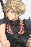  1boy armor black_gloves blonde_hair blue_eyes buster_sword cloud_strife commentary crossed_arms earrings final_fantasy final_fantasy_vii final_fantasy_vii_rebirth final_fantasy_vii_remake flower gloves grey_background highres jewelry kinagi_(3307377) looking_to_the_side male_focus parted_lips ribbed_sweater short_hair shoulder_armor single_bare_shoulder sleeveless sleeveless_turtleneck solo spiked_hair stud_earrings sweater sword sword_on_back turtleneck turtleneck_sweater upper_body weapon weapon_on_back 