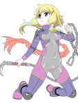  1girl bad_drawr_id bad_id blonde_hair bodysuit breasts brown_eyes cameltoe chain character_request closed_mouth copyright_request covered_navel covered_nipples francine_(daijaemon) full_body holding holding_weapon kneeling low-tied_sidelocks medium_breasts oekaki orange_eyes purple_bodysuit scarf sickle simple_background skin_tight solo torn_clothes weapon white_background 