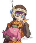  1girl antennae blue_eyes blunt_bangs blunt_ends chrono_trigger closed_mouth colored_skin creature grey_shirt headset helmet holding holding_creature hosodayo long_sleeves lucca_ashtear neckerchief nu_(chrono_trigger) orange_neckerchief orange_tunic pink_skin purple_hair shirt short_hair smile twitter_username upper_body white_background 