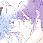  2girls after_kiss ahoge blue_hair blush commentary_request eye_contact ganyu_(genshin_impact) genshin_impact highres horns keqing_(genshin_impact) looking_at_another multiple_girls nude open_mouth purple_eyes purple_hair red_eyes saliva saliva_trail simple_background sweat tongue tongue_out twintails upper_body white_background wu_qin_(gyxx_04) yuri 