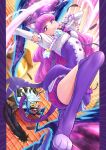  1boy 1girl animal_ears arm_up blue_hair blunt_bangs boots cat_ears cat_tail cure_macaron dress elbow_gloves feathers gloves grimace half-closed_eyes high_heel_boots high_heels highres holding holding_wand itou_shin&#039;ichi julio_(precure) jumping kirakira_precure_a_la_mode knee_up long_hair looking_at_another looking_at_viewer magical_girl mask motion_blur pillarboxed precure purple_dress purple_eyes purple_footwear purple_hair purple_shorts rooftop short_dress short_sleeves shorts shorts_under_dress standing tail two-tone_dress wand white_dress white_gloves 