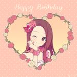  1girl ;) agata_(agatha) bare_shoulders blush closed_mouth collarbone flower flower_bracelet forehead frills hair_flower hair_ornament hair_ribbon hand_on_own_cheek happy_birthday heart idolmaster idolmaster_(classic) long_hair looking_at_viewer minase_iori one_eye_closed pink_background pink_flower pink_ribbon pink_rose polka_dot polka_dot_background purple_eyes purple_hair red_flower red_rose ribbon rose single_strap smile solo tareme upper_body white_flower white_rose 