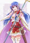  1girl :d armor blue_eyes blue_hair breastplate caeda_(beloved_queen)_(fire_emblem) caeda_(fire_emblem) cape dress fingerless_gloves fire_emblem fire_emblem:_mystery_of_the_emblem fire_emblem_heroes gloves highres holding holding_polearm holding_weapon long_hair looking_to_the_side official_alternate_costume open_mouth pauldrons polearm red_dress red_gloves sheath sheathed shoulder_armor sidelocks skirt smile solo sword twitter_username weapon white_skirt yutohiroya 