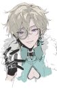  1boy aqua_shirt aventurine_(honkai:_star_rail) black_gloves blonde_hair collared_shirt earrings fur_trim glasses gloves hair_between_eyes highres honkai:_star_rail honkai_(series) jewelry male_focus multicolored_eyes portrait shirt short_hair simple_background solo unworn_eyewear violetpuppy1 white_background 