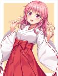  1girl :d bang_dream! bangs blush bow breasts brown_background commentary_request cowboy_shot eyebrows_visible_through_hair hakama hakama_skirt heart japanese_clothes kimono lambda_(kusowarota) long_hair long_sleeves looking_at_viewer maruyama_aya medium_breasts miko open_mouth pink_eyes pink_hair red_bow red_hakama ribbon-trimmed_sleeves ribbon_trim sidelocks simple_background smile solo standing w_arms white_background white_kimono wide_sleeves 