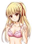  1girl :o angel_beats! bare_arms blonde_hair blunt_bangs blush bra breasts cleavage collarbone commentary_request earpiece hair_ribbon hands_up highres long_hair looking_at_viewer medium_breasts open_mouth orange_eyes pink_bra red_ribbon ribbon sidelocks simple_background solo straight_hair tamba_i tsurime underwear underwear_only upper_body white_background yusa_(angel_beats!) 