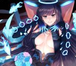  1girl bangs bare_shoulders black_dress black_gloves black_headwear blue_eyes blue_fire blunt_bangs blush breasts center_opening dress elbow_gloves fate/grand_order fate_(series) fire fish floral_print flute gloves gradient gradient_background hair_ornament halo hands_on_own_chest hands_up highres instrument large_breasts leaf_hair_ornament long_hair looking_at_viewer nekoyamiyako pipa_(instrument) purple_background purple_hair sash smile solo very_long_hair yang_guifei_(fate/grand_order) 