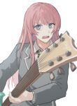  1girl bang_dream! bang_dream!_it&#039;s_mygo!!!!! blue_eyes chihaya_anon collared_shirt commentary electric_guitar fang grey_jacket guitar haneoka_school_uniform hashtag-only_commentary highres holding holding_guitar holding_instrument instrument jacket long_hair long_sleeves looking_at_viewer nininikal open_mouth pink_hair school_uniform shirt simple_background solo upper_body white_background white_shirt 