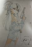 1girl bare_shoulders black_hair blue_archive choker colored_pencil_(medium) dress earrings gun h&amp;k_p30 halo handgun highres holding holding_gun holding_weapon horns jacket jewelry kayoko_(blue_archive) kayoko_(dress)_(blue_archive) light_smile long_hair looking_at_viewer looking_back multicolored_hair off_shoulder open_clothes open_jacket papiyon1297 photo_(medium) sketch solo suppressor traditional_media two-tone_hair weapon white_hair 