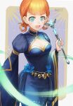  1girl annette_fantine_dominic blue_dress blue_eyes border cleavage_cutout clothing_cutout dated dress eyelashes fire_emblem fire_emblem:_three_houses fon-due_(fonfon) glint hair_rings holding holding_scepter looking_at_viewer open_mouth scepter short_hair signature solo white_border wide_sleeves 