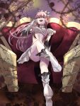 1girl breasts crossed_legs elbow_gloves fate/grand_order fate_(series) figure_four_sitting gloves highres long_hair looking_at_viewer medb_(fate) medium_breasts open_mouth pink_hair revealing_clothes sitting skirt smile solo throne tiara white_gloves yellow_eyes 