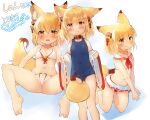  1girl absurdres animal_ear_fluff animal_ears barefoot bell belt_collar between_legs bikini blonde_hair blue_one-piece_swimsuit blush borrowed_character collar commentary_request commission covered_navel fangs fangs_out flat_chest flower fox_ears fox_girl fox_tail furrowed_brow hair_bell hair_between_eyes hair_flower hair_ornament highres japanese_clothes jingle_bell kimono kosuzu_rin-chan looking_at_viewer medium_hair microskirt multiple_views navel neckerchief off_shoulder old_school_swimsuit one-piece_swimsuit orange_eyes original red_bikini red_neckerchief red_trim ribbon-trimmed_skirt ribbon_trim sailor_collar school_swimsuit second-party_source shy skeb_commission skirt solo spread_legs stomach string string_bikini swimsuit tail tail_between_legs tearing_up toba_hiyoko translation_request wavy_mouth white_background white_bikini white_sailor_collar white_skirt 
